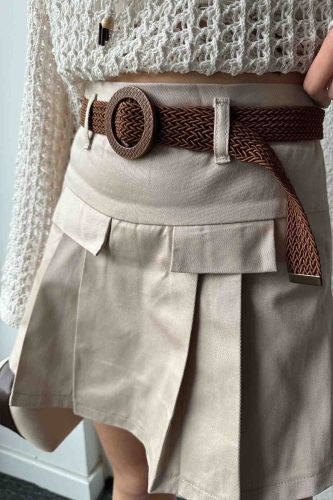 ETK-02322 Vizon Keten Dokuma Kumaş Şort Etek - 7