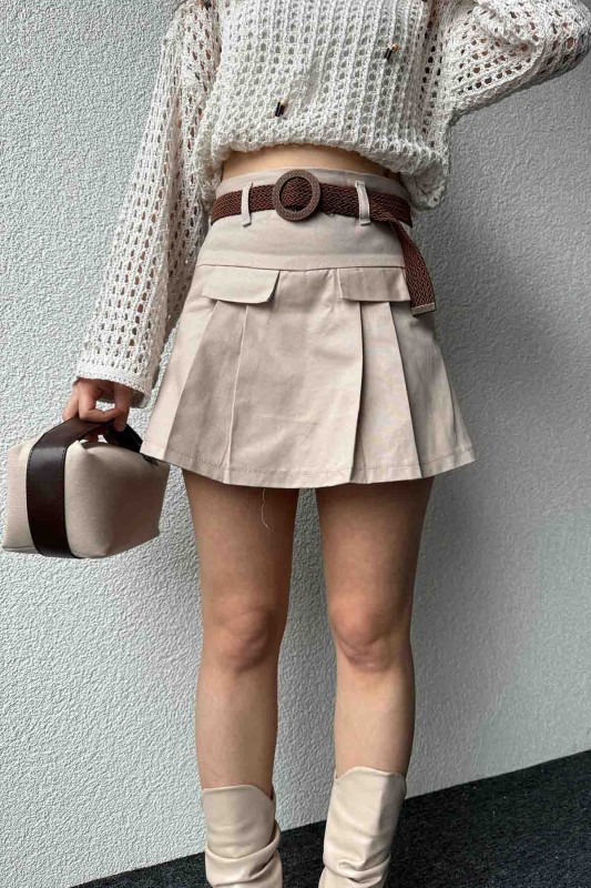 ETK-02322 Vizon Keten Dokuma Kumaş Şort Etek - 5