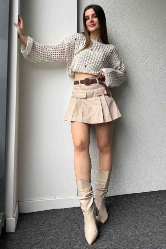 ETK-02322 Vizon Keten Dokuma Kumaş Şort Etek - 3