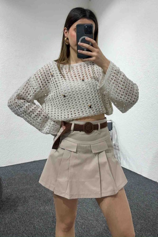 ETK-02322 Vizon Keten Dokuma Kumaş Şort Etek - 2