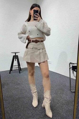 ETK-02322 Vizon Keten Dokuma Kumaş Şort Etek - 4