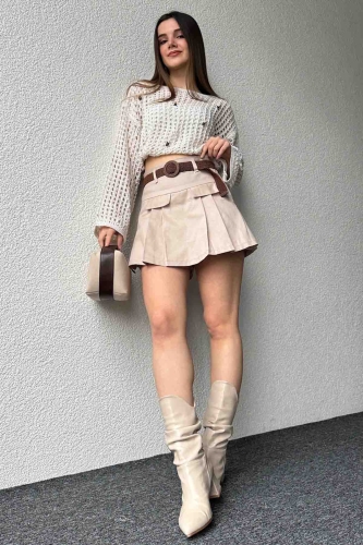 ETK-02322 Vizon Keten Dokuma Kumaş Şort Etek - 1