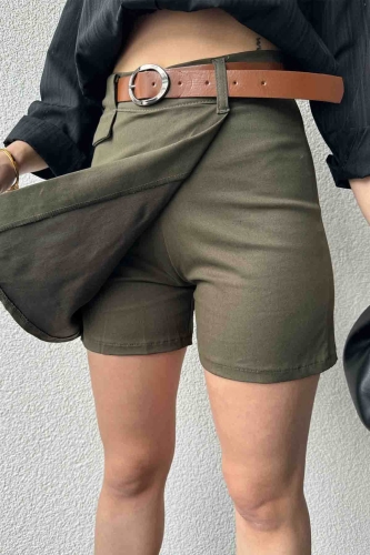 ETK-02323 Haki Arka Fermuarlı Şort Etek - 5