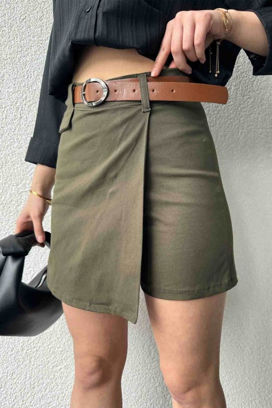 ETK-02323 Haki Arka Fermuarlı Şort Etek - 2