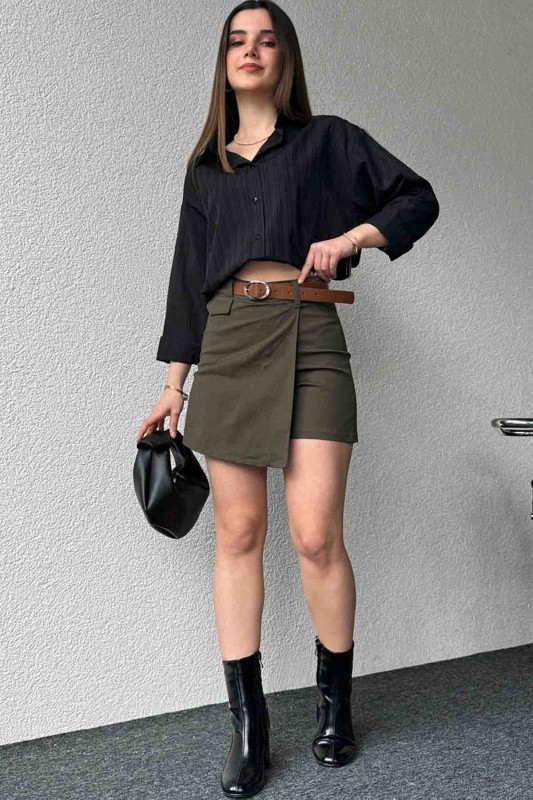 ETK-02323 Haki Arka Fermuarlı Şort Etek - 1