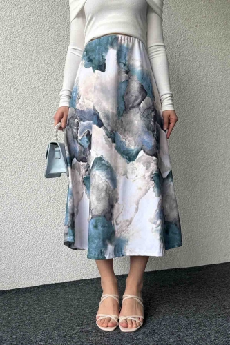 ETK-02325 Mavi Batik Desenli Bel Lastikli Midi Boy Saten Kumaş Etek - 2