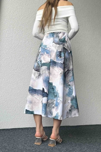 ETK-02325 Mavi Batik Desenli Bel Lastikli Midi Boy Saten Kumaş Etek - 7