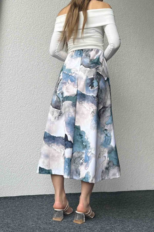 ETK-02325 Mavi Batik Desenli Bel Lastikli Midi Boy Saten Kumaş Etek - 7