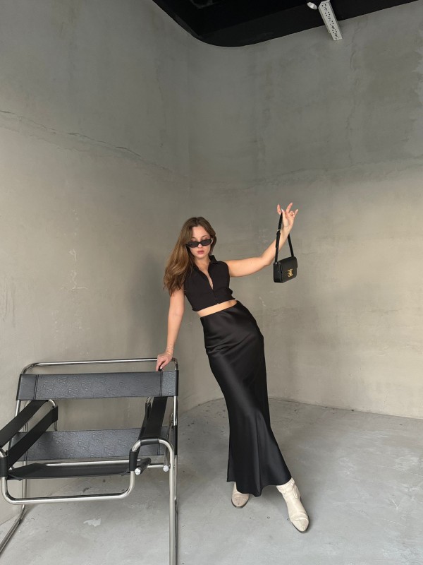 ETK-02326 Siyah Bel Lastikli Midi Boy Saten Kumaş Etek - 1