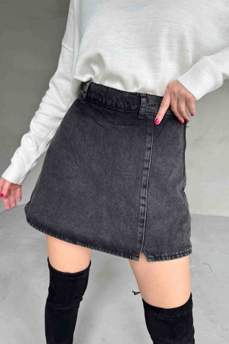 ETK-02327 Füme Yan Düğme Detaylı Mini Kot Şort Etek - Cappmoda