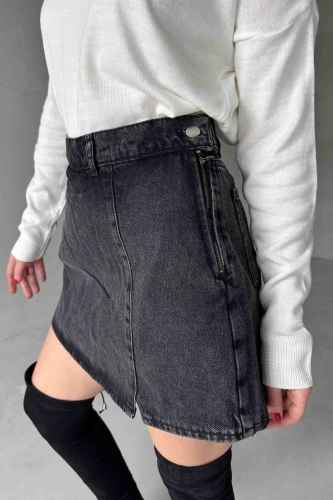 ETK-02327 Füme Yan Düğme Detaylı Mini Kot Şort Etek - Cappmoda (1)