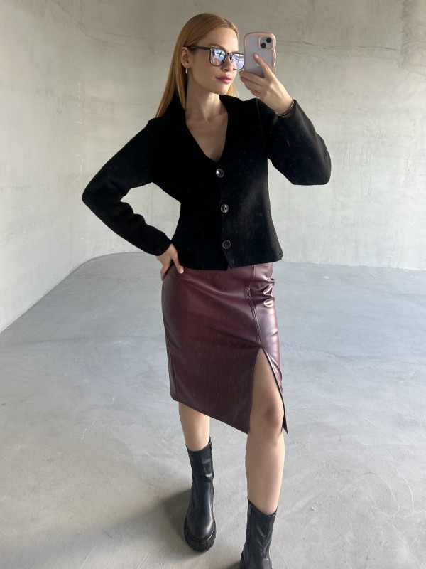 ETK-02329 Bordo Midi Boy Yırtmaç Detaylı Midi Boy Suni Deri Etek - 1