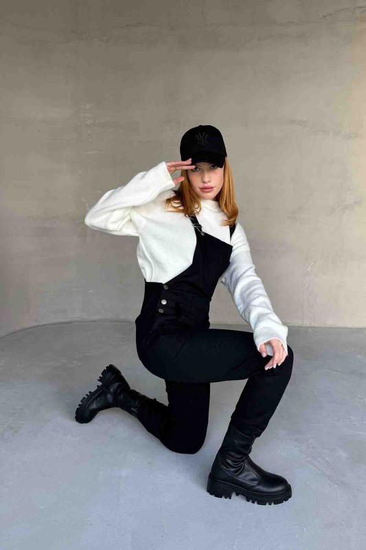 ELB-01741 Siyah Kot Kumaş Askılı Cep Detay Slopet Tulum - 1