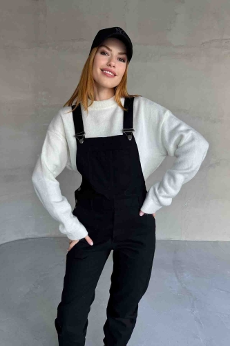 ELB-01741 Siyah Kot Kumaş Askılı Cep Detay Slopet Tulum - 2