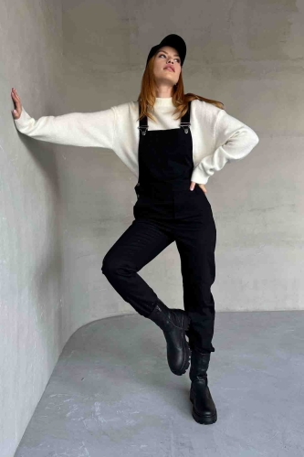 ELB-01741 Siyah Kot Kumaş Askılı Cep Detay Slopet Tulum - 3