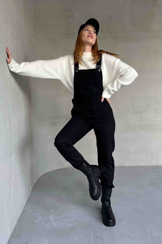 ELB-01741 Siyah Kot Kumaş Askılı Cep Detay Slopet Tulum - 3