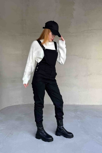 ELB-01741 Siyah Kot Kumaş Askılı Cep Detay Slopet Tulum - 4