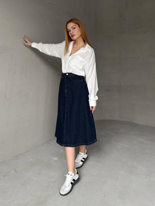 ETK-02331 Koyu Mavi Cep Detay Kemerli Midiboy Denim Etek - 2