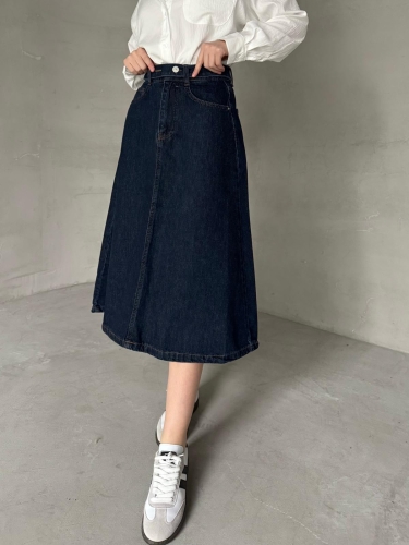 ETK-02331 Koyu Mavi Cep Detay Kemerli Midiboy Denim Etek - Cappmoda