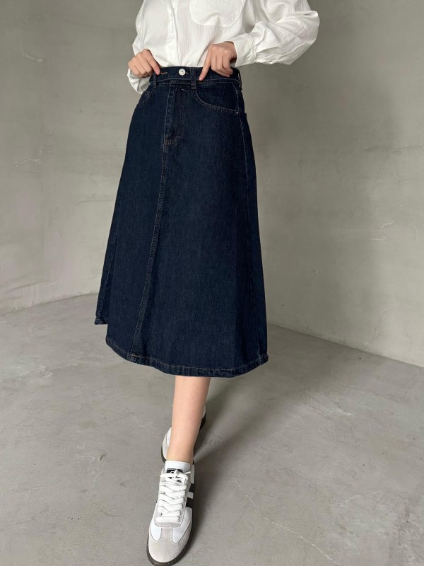 ETK-02331 Koyu Mavi Cep Detay Kemerli Midiboy Denim Etek - 1