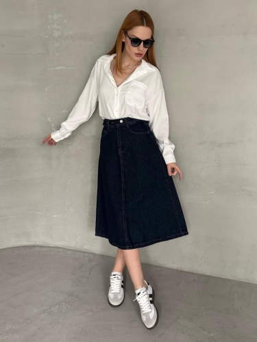 ETK-02331 Koyu Mavi Cep Detay Kemerli Midiboy Denim Etek - 3