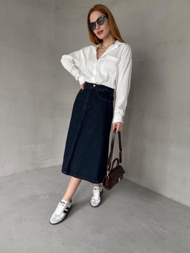 ETK-02331 Koyu Mavi Cep Detay Kemerli Midiboy Denim Etek - 4