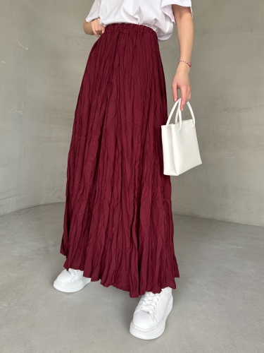 ETK-02332 Bordo Buruşuk Kumaş Uzun Bel Lastikli Salaş Etek - Cappmoda