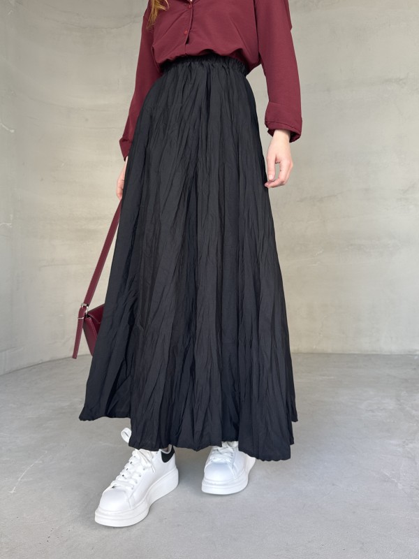 ETK-02332 Siyah Buruşuk Kumaş Uzun Bel Lastikli Salaş Etek - 1