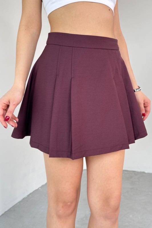 ETK-02335 Mürdüm Rengi Pile Detaylı Mini Etek - 1