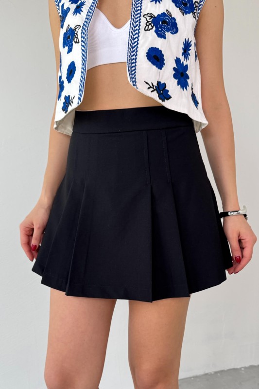 ETK-02335 Siyah Pile Detaylı Mini Etek - 1