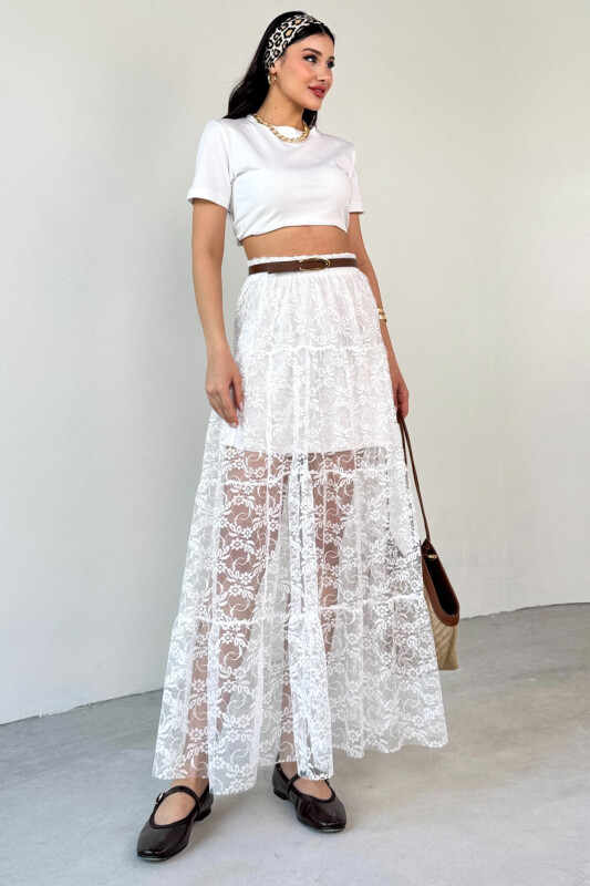 ETK-02336 Beyaz Astar Detaylı Çiçek Desenli Tül Katlı Yazlık Etek - 3