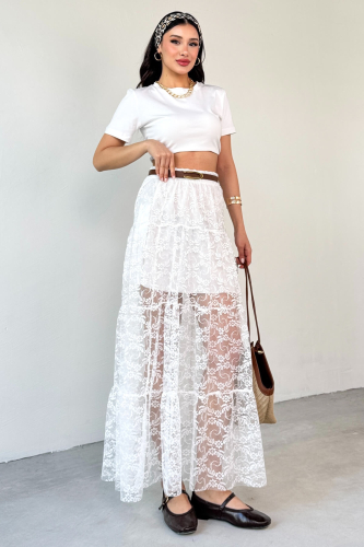 ETK-02336 Beyaz Astar Detaylı Çiçek Desenli Tül Katlı Yazlık Etek - Cappmoda