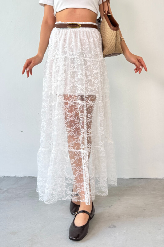 ETK-02336 Beyaz Astar Detaylı Çiçek Desenli Tül Katlı Yazlık Etek - 5