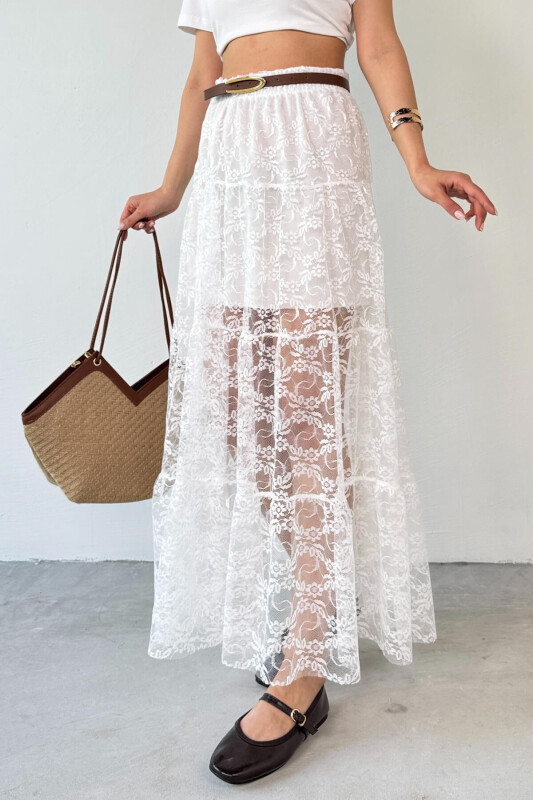 ETK-02336 Beyaz Astar Detaylı Çiçek Desenli Tül Katlı Yazlık Etek - 2