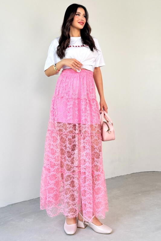 ETK-02336 Pembe Astar Detaylı Çiçek Desenli Tül Katlı Yazlık Etek - 3