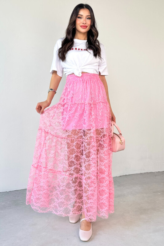 ETK-02336 Pembe Astar Detaylı Çiçek Desenli Tül Katlı Yazlık Etek - 4