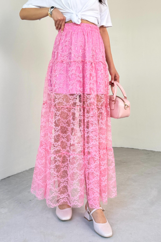 ETK-02336 Pembe Astar Detaylı Çiçek Desenli Tül Katlı Yazlık Etek (1)