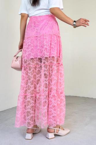 ETK-02336 Pembe Astar Detaylı Çiçek Desenli Tül Katlı Yazlık Etek - 5