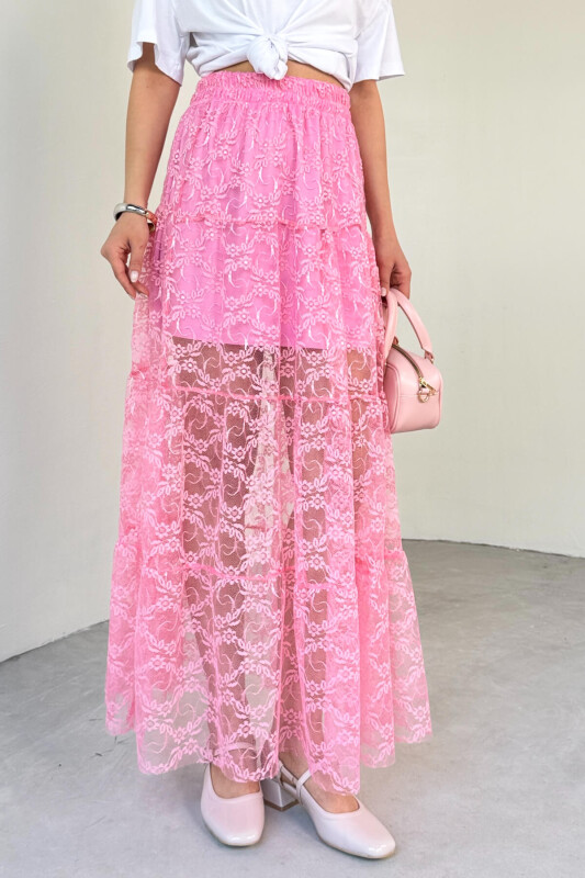 ETK-02336 Pembe Astar Detaylı Çiçek Desenli Tül Katlı Yazlık Etek - 6