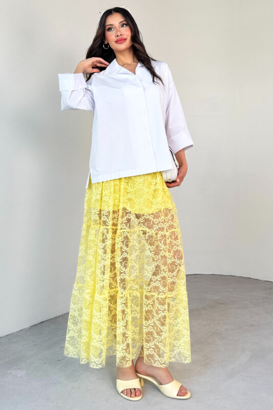 ETK-02336 Sarı Astar Detaylı Çiçek Desenli Tül Katlı Yazlık Etek - 3