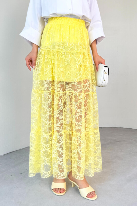 ETK-02336 Sarı Astar Detaylı Çiçek Desenli Tül Katlı Yazlık Etek - 2