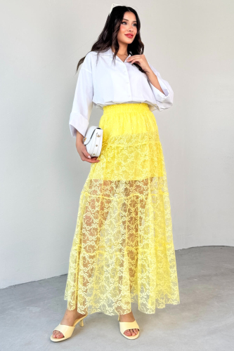 ETK-02336 Sarı Astar Detaylı Çiçek Desenli Tül Katlı Yazlık Etek - Cappmoda