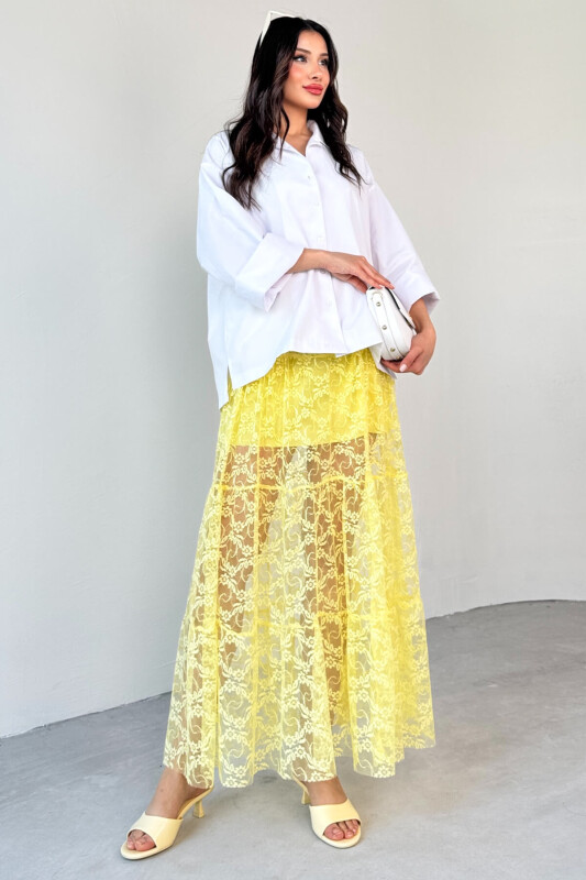 ETK-02336 Sarı Astar Detaylı Çiçek Desenli Tül Katlı Yazlık Etek - 5