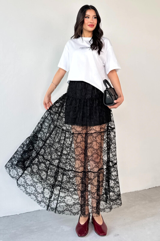 ETK-02336 Siyah Astar Detaylı Çiçek Desenli Tül Katlı Yazlık Etek - 1