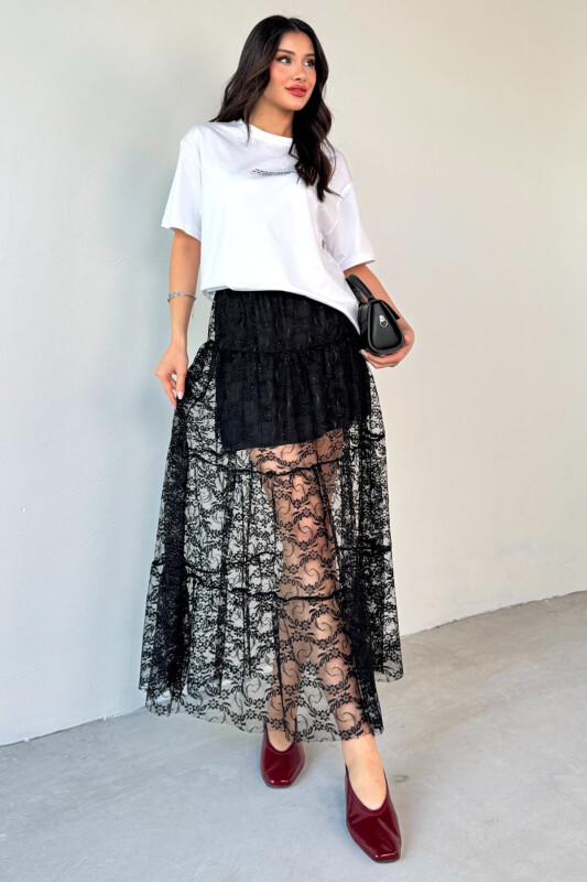 ETK-02336 Siyah Astar Detaylı Çiçek Desenli Tül Katlı Yazlık Etek - 2