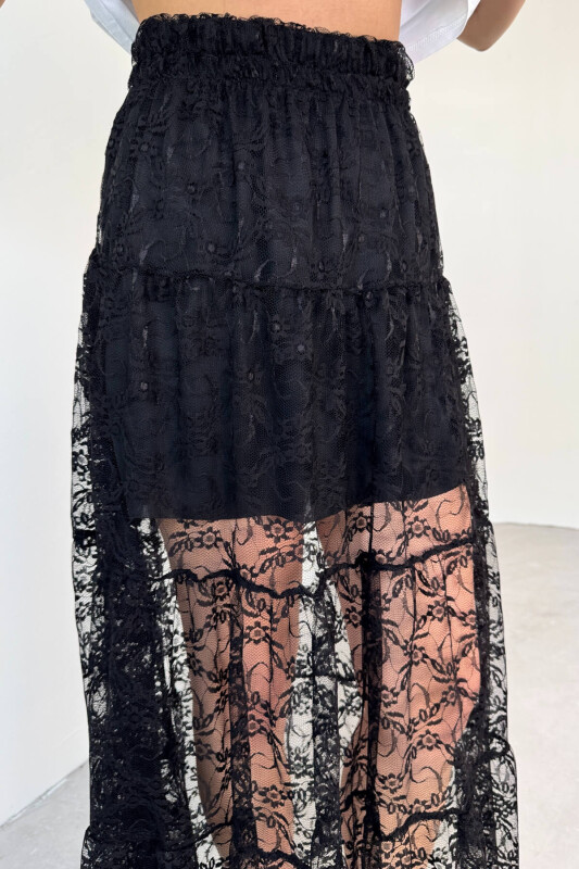 ETK-02336 Siyah Astar Detaylı Çiçek Desenli Tül Katlı Yazlık Etek - 3