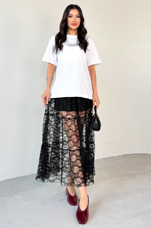 ETK-02336 Siyah Astar Detaylı Çiçek Desenli Tül Katlı Yazlık Etek - 4