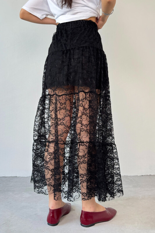 ETK-02336 Siyah Astar Detaylı Çiçek Desenli Tül Katlı Yazlık Etek - 5