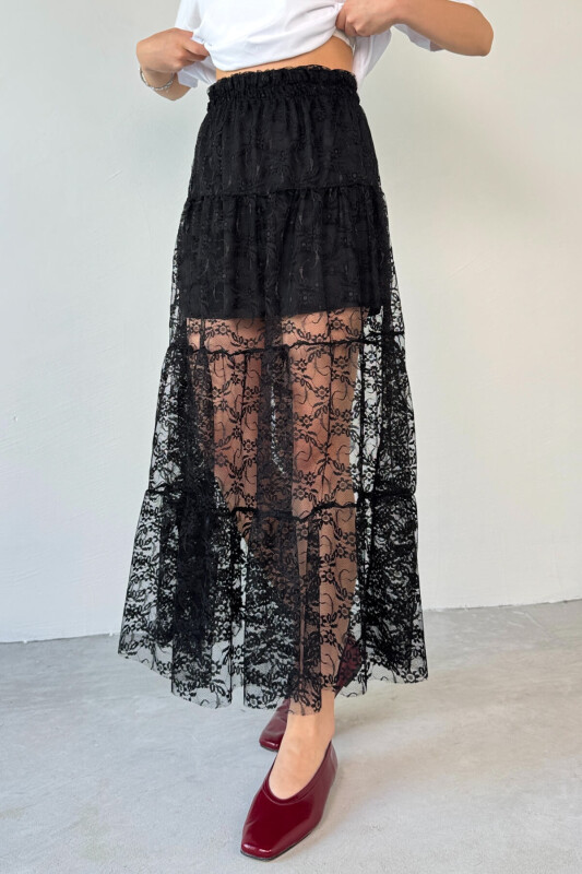 ETK-02336 Siyah Astar Detaylı Çiçek Desenli Tül Katlı Yazlık Etek - 6