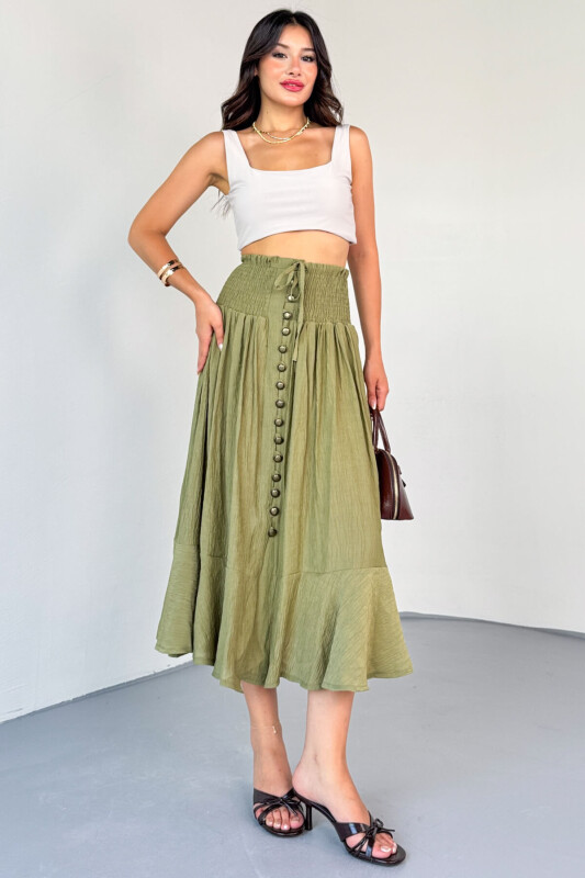 ETK-02339 Haki Gipeli Eskitme Düğme Detaylı Astarlı Vintage Etek - 3